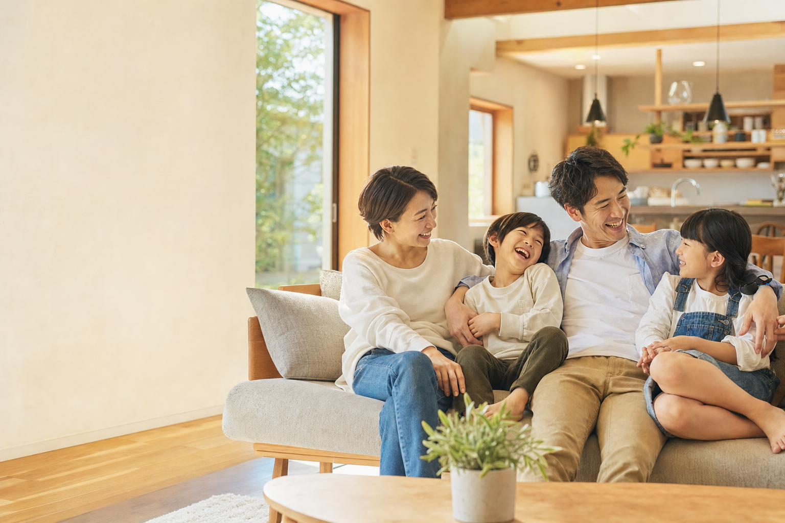 リフォーム広場：リフォーム後のリビングで笑顔の家族